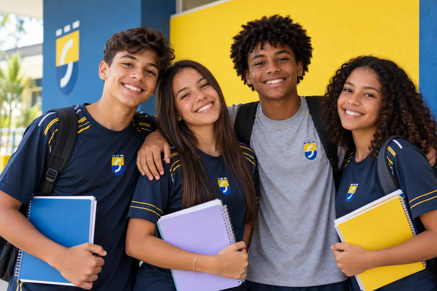 Alunos do Colégio Santa Lucia com a farda da escola, sorrindo em frente ao muro amarelo e azul