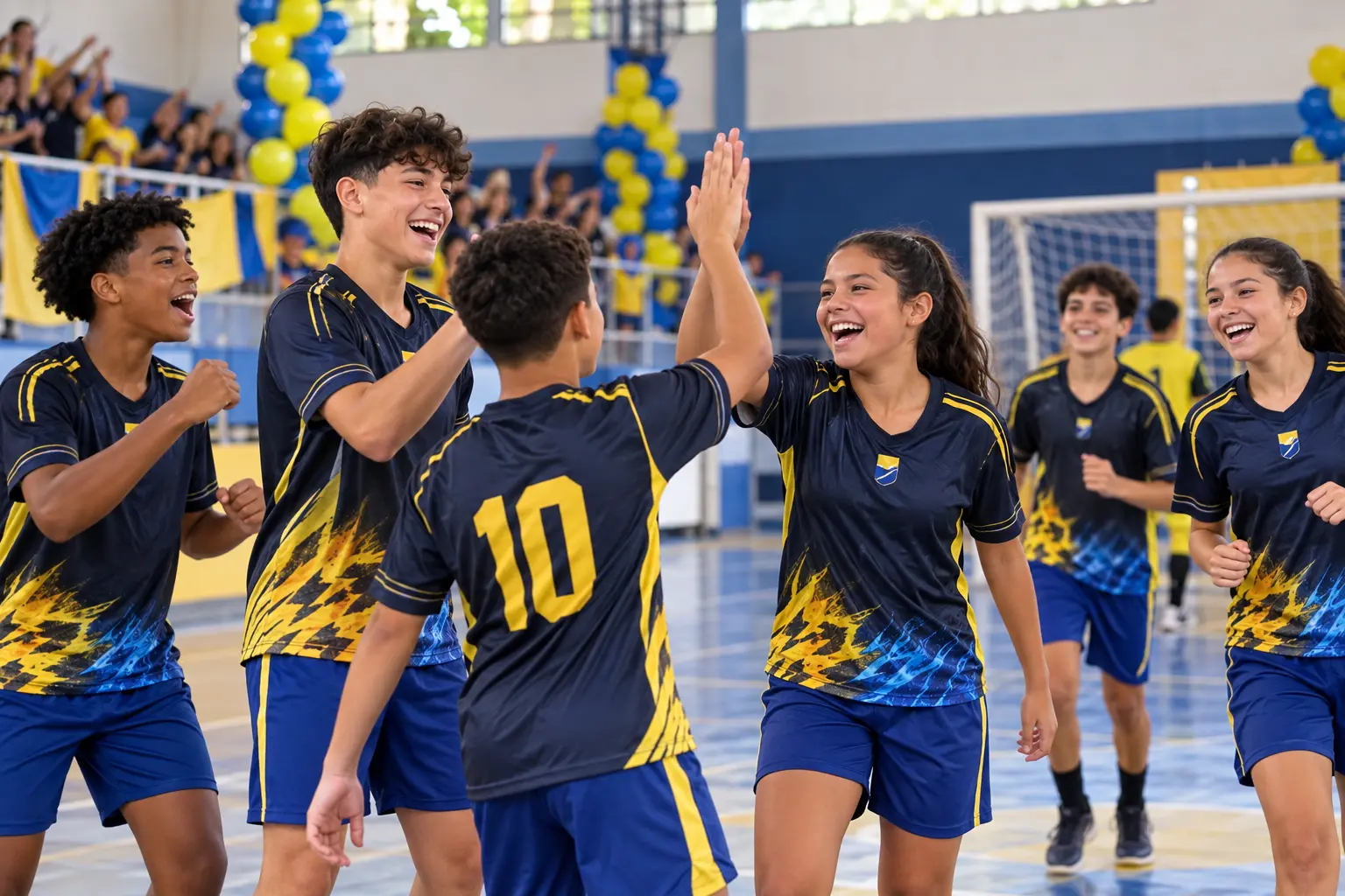 Alunos do Colégio Santa Lucia comemorando na quadra durante os jogos internos