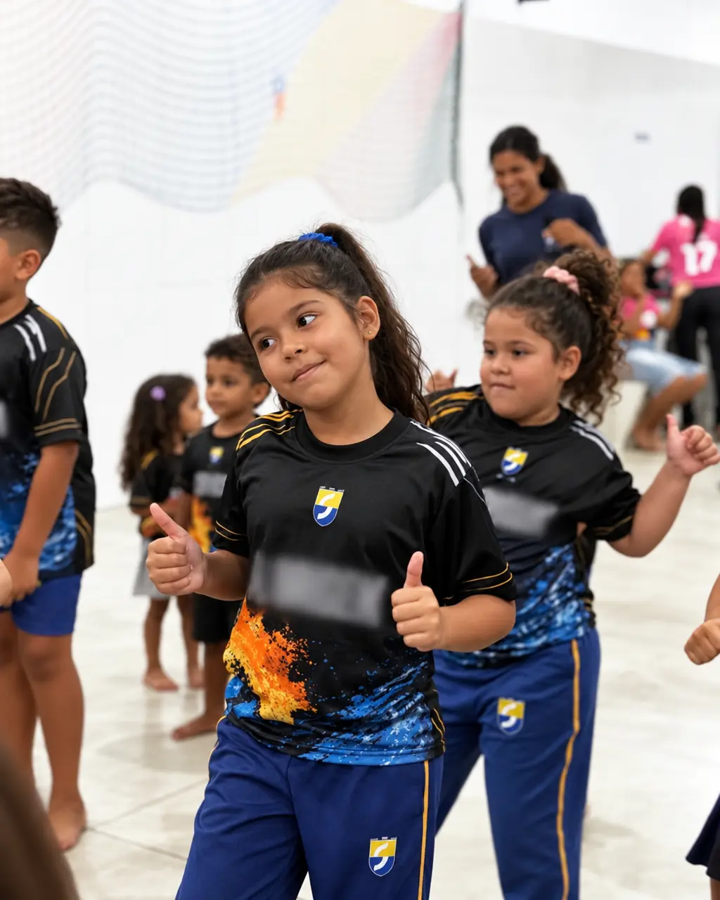 Alunas do Colégio Santa Lucia fazendo sinal de positivo durante a semana dos jogos internos